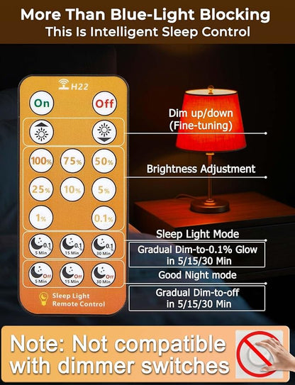 Amber Sleep Light Bulbs 1600K with Remote Control, E26 Blue Light Blocking A19, 9W for Sleep Therapy, Baby Nursery, Bedroom (4 Packs)