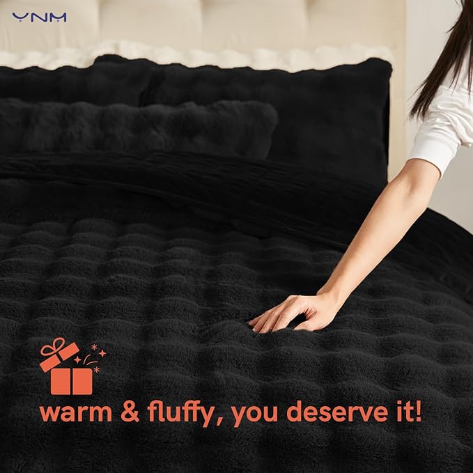YnM Ultra-Soft Weighted Blanket, Fluffy Bubble Cuddle Heavy Bed Blanket, Plush Faux Fur Big Comforter, Soft & Warm Home Decor Piece (Black, 90''x104'' 20lbs, King/Ca King)