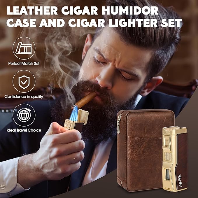 Scotte Cigar Humidor Box, Cigar Lighter Cedar Wood Lined Leather Cigar Case Built in Hygrometer & Humidifier, Torch Lighter with Cigar Holder Cigar Punch Portable Travel Cigar Humidor (Smooth Brown)
