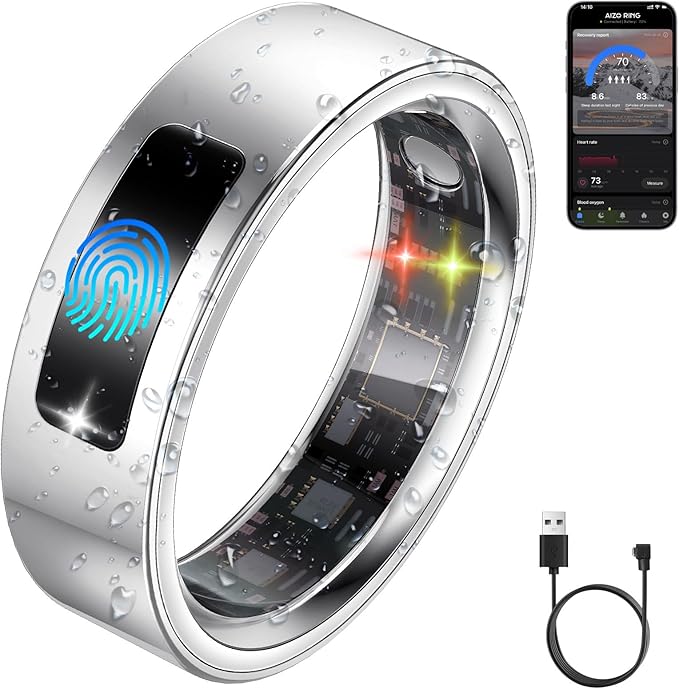 Smart Health Ring for Women Men, Vibration Alert, Touch Control, Fitness Tracker Ring with Sleep/Women's Health/Heart Rate/Steps, IP68 Waterproof for iPhone and Android, Silver 11,No Subscription