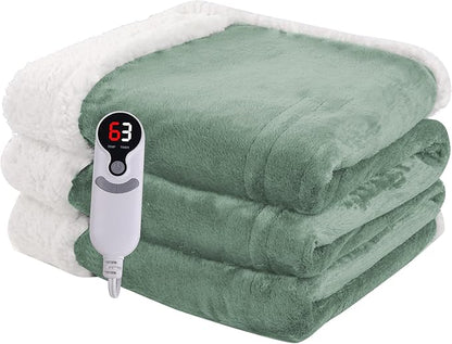 Heated Blanket Electric Throw Size 50''x60'' with 9 Heating Levels, 1-10 Hour Auto Shut Off, Machine Washable, Flannel & Sherpa Double-Sided Soft Warming Blanket for Couch, Bed, Office - Light Green