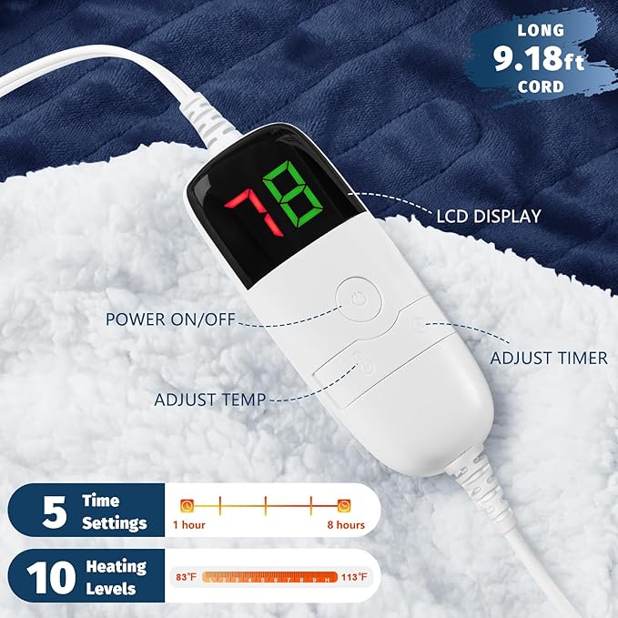 BOMOVA Heated Electric Blanket Full Size - 72" x 84" Heating Blanket with 10 Heating Levels & 8 Hours Auto Off, Warm Flannel Blanket, Christmas Birthday Gifts for Women