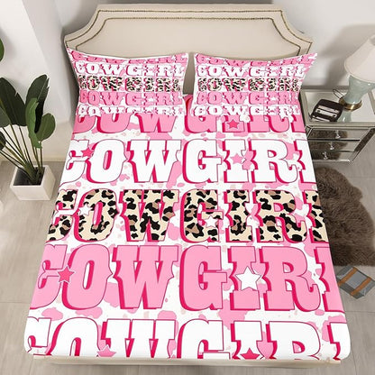 Cowgirl Bed Sheet Set Home Decor Rustic Brown Leopard Fur Western Texas Star Sheet Sets Deep Pocket,Tribal Pink Cowhide Animal Fur Graffiti Mattress Cover,Twin Size with 1 Pillowcase