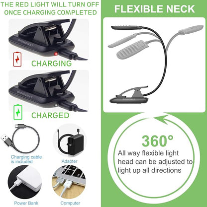 BIGMONAT Led Book Reading Light, Rechargeable Amber Book Night Light, Portable Bendable Neck, USB, Brightness Adjustable, Reduces Eye Strain, Black