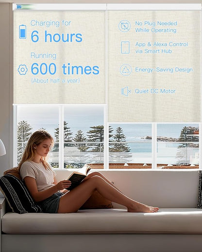Motorized Light Filtering Roller Shades with Remote Control, Smart Blinds for Windows Compatible with Alexa Google via Hub, Rechargeable Electric Window Shade Customized Size(Texture Beige)