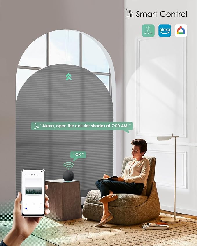 Yoolax Smart Cellular Shades, Motorized Elongated Arch Honeycomb Blinds Motorized Blinds with Remote Compatible with Alexa, Customized Elongated Arch Cellular Shades (Half Shading Dark Grey)