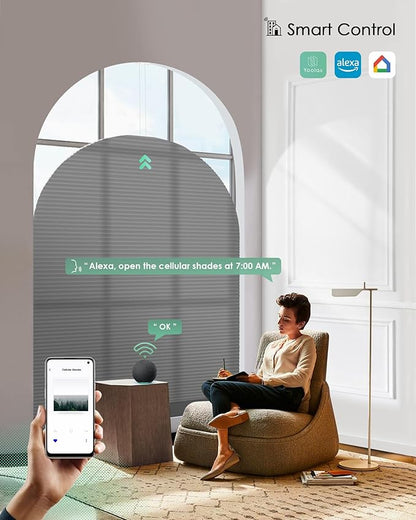 Yoolax Smart Cellular Shades, Motorized Elongated Arch Honeycomb Blinds Motorized Blinds with Remote Compatible with Alexa, Customized Elongated Arch Cellular Shades (Half Shading Dark Grey)