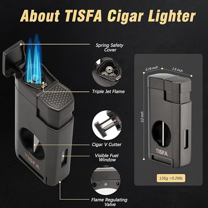 TISFA Cigar Humidor Case Leather Cedar Wood Lined Cigar Box with Cigar Lighter, V Cutter, Holder Stand 3 in 1, Hygrometer Humidifier 2 in 1, Travel Humidor Cigar Case Hold 6 Cigars (Textured Gray)