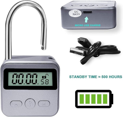 Metal Time Padlock - Time Management Tool Timer 99 Hours Max Timing with LCD Display Micro USB Rechargeable Silver