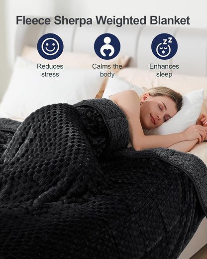 Super Soft Luxury Fleece Sherpa Weighted Blanket 15lbs for Adults, Turtle Shell Fluffy Cozy Warm Queen Size Weighted Throw, Ceramic Beads Washable Heavy Blankets for Couch Bed, Black, 60" x 80"