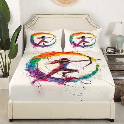 Manfei Archery Fitted Sheet Full Size, Sports Gaming Theme Bedding Set 3pcs, Modern Archery Athletes Bed Cover with 2 Pillowcases, Kids Boys Teen Adult Room Decor, Soft Bedding(No Top Sheet)