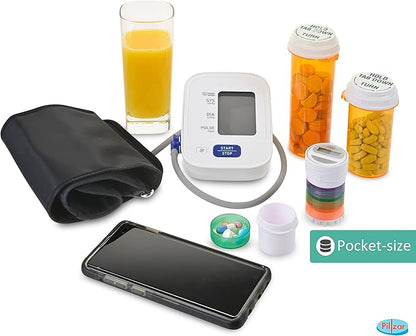 Portable Stackable Pill Organizer and Timer Cap with 14 Countdown Alarm presets. Comes with 1 Timer, 6 Small Stackable Containers, 1 Large Container, and 2 Magnetic Adapters. Travel Friendly.