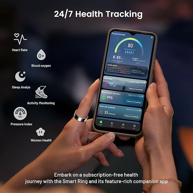 Mirlray Smart Ring for Women & Men, Smart Ring Health Tracker, Blood Oxygen & Heart Rate Monitor, Long Lasting Battery Sleep Ring, Waterproof Fitness Ring (Silver, 7)