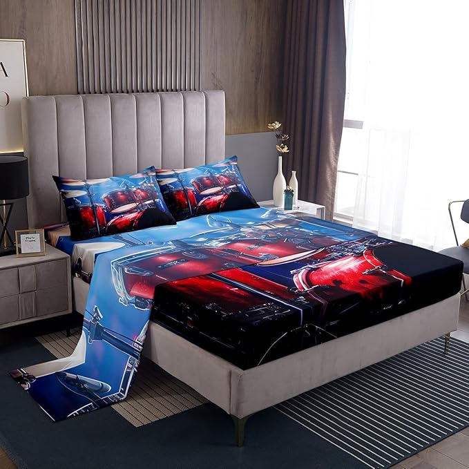 Manfei Red Drum Kit Kids Sheet Set Queen Size, Rock Music Theme Bed Sheet Set 4pcs (Fitted Sheet, Flat Sheet, 2 Pillowcases), Musical Instrument Bedding Set for Boys Girls Teens Bedroom Decor