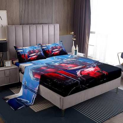 Manfei Red Drum Kit Kids Sheet Set Twin Size, Rock Music Theme Bed Sheet Set 3pcs (Fitted Sheet, Flat Sheet, 1 Pillowcase), Musical Instrument Bedding Set for Boys Girls Teens Bedroom Decor