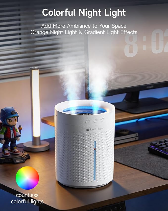 SP SpacePlayer Wireless Humidifier for Bedroom Large Room, 3L Top Fill Cool Mist Ultrasonic, 4000mAh Rechargeable (Cordless), 4 Modes, 23-28dB Quiet, 8H Timer Auto-Off, BPA-Free, Easy Fill Clean