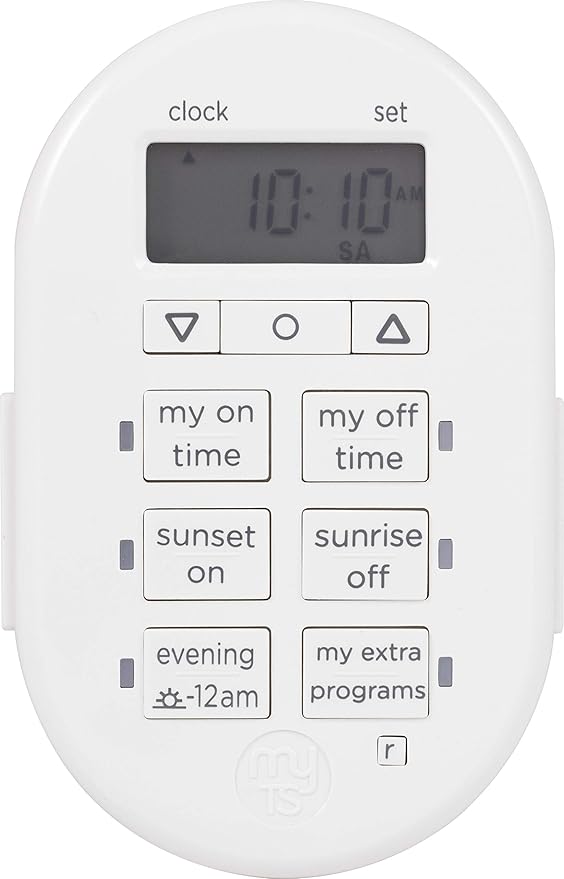 myTouchSmart Simple Set 7-Day Digital Timer, 2 Grounded Outlet Timer, Sunrise-Sunset Indoor Timer Outlet, Programmable ON/OFF Plug Timer, 125V Light Timer, Lamp Timer, Seasonal Lights, White, 35150