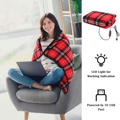 Tuanse 2 Pcs USB Heated Blanket 25"x35" Small Portable 5v 3 Setting Electric Blanket with Timer and Temperature Controller Winter Wearable Recharge Throw for Travel Home(Rose Red Plaid)