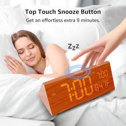 OhM-ega Wooden Digital Alarm Clock, Electric Clocks with Dual USB Port, Large Numbers, Temperature Display, Brightness Dimmer, Sound-Activated Display, Snooze, 12/24H, Brown
