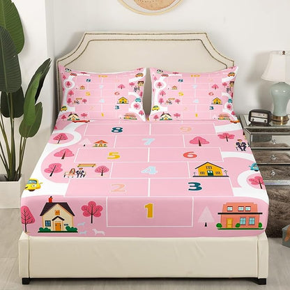 Kids Digital Graffiti Fitted Sheet Full,Pink Girly Style Cartoon House Trees Bed Sheet 3 Pieces Fits Mattress(No Flat Sheet),Ctiy Road Cartoon Car Fabric Bedding All-Round Elastic Pocket