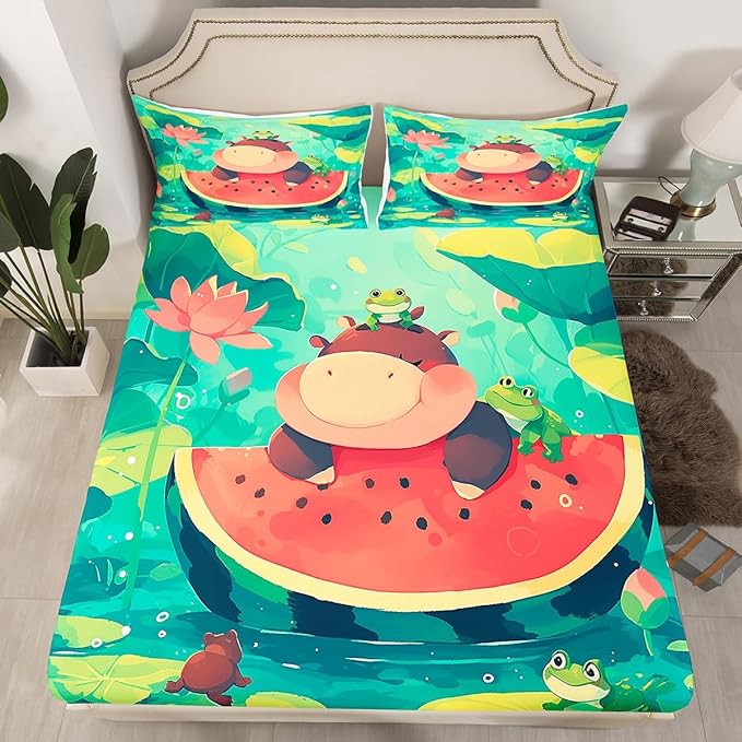 Cute Hippo Kids Fitted Sheet Queen Size,Watermelon Frog Lotus Leaves Bedding Set,Boys Girls Room Decor,Cartoon Hippopotamus Wild Animals Rustic Bed Cover,Red Green Bed Sheet,2 Pillowcases
