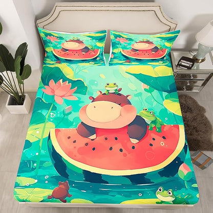 Cute Hippo Kids Fitted Sheet Twin Size,Watermelon Frog Lotus Leaves Bedding Set,Boys Girls Room Decor,Cartoon Hippopotamus Wild Animals Rustic Bed Cover,Red Green Bed Sheet,1 Pillowcase
