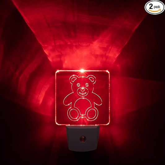 Red LED Dim Night Light for Bedrooms & Bathrooms [2 Pack] - BioRhythm Safe - (Teddy Bear)