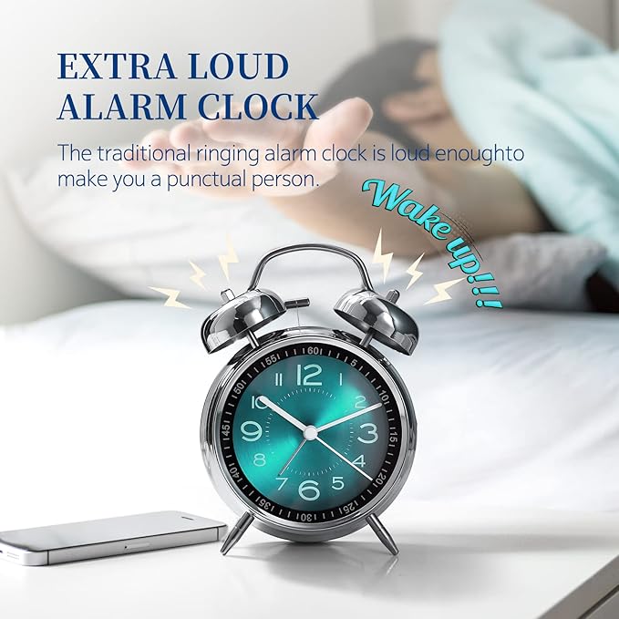 Super Loud Alarm Clock for Heavy Sleepers,4 inches Twin Bell Alarm Clock with Backlight,Battery Operated,Silent Non Ticking,for Kids,Adults,Bedrooms,Retro Decor Desk Analog Clocks. (Green)