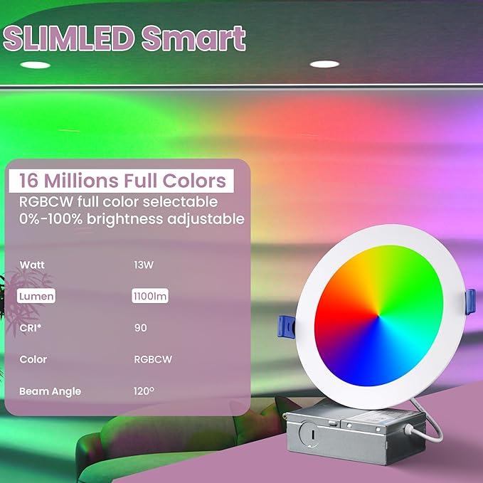 LED Recessed Lighting 6 Inch – 96 LED 5CCT 2700K–6500K Canless Wafer Downlight 16M Colors, Music Sync, Smart App & Voice Control, 1100 Lumens Dimmable RGBCW, Timer for Home & Kitchen – 6 Pack