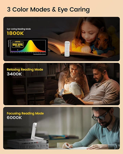 Glocusent USB Rechargeable Book Light, Portable Clip-on LED Reading Light, Reading Lights for Books in Bed with 3 Amber Colors & 5 Brightness Dimmable, Compact & Long Lasting, Perfect for Book Lovers