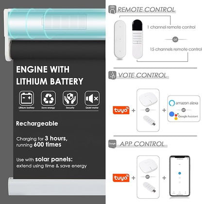 Allesin Motorized Roller Shade Blinds Work with Alexa for Window, 80% Blackout Smart Shades Cordless with Remote Control, Electric Automated Blinds, Customized Size, Lithium Battery Motor(Black)