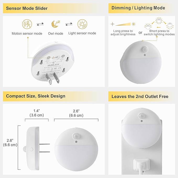 2 Pack Plug in Night Light with Motion Sensor and Dusk to Dawn Sensor, Stepless Dimming, Blue LED Nightlight with 3 Lighting Ways for Bathroom, Bedroom, for Girls, Boys, Adults