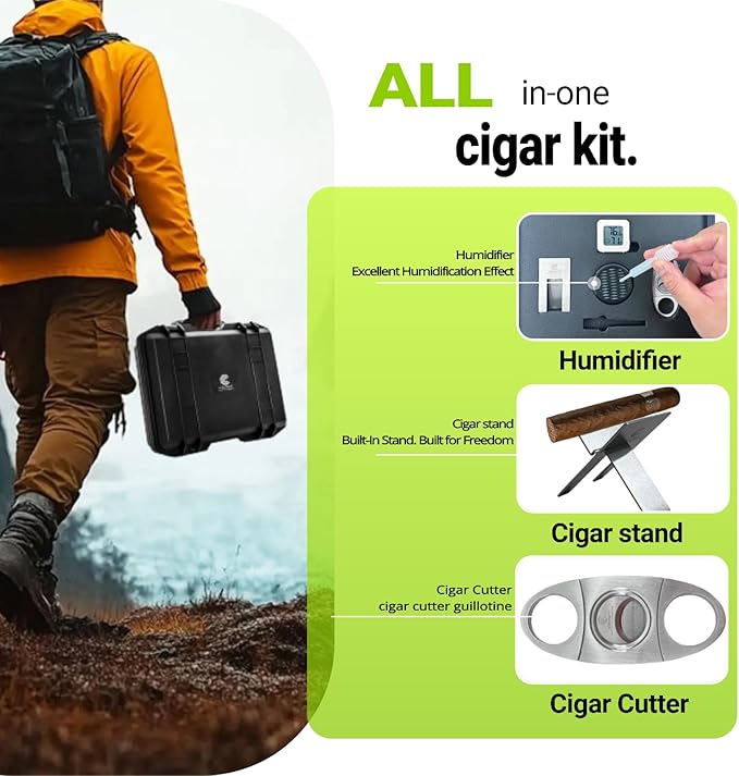 Cigar Humidor, ClGCRAFT Travel Cigar Humidor Box- Portable Cigar Case with Humidifier Disc, Waterproof, Essential Airtight Travel Humidor Kit for Cigar Aficionados (Holds up to 20 Cigars)
