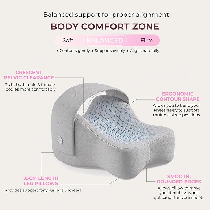 Knee Pillow for Side Sleepers,Memory Foam Balanced Support for Hip & Sciatica Pain Relief,Leg Pillow for Side Sleeping,Adjustable Elastic Strap for Pregnant Women and Seniors (Grey)