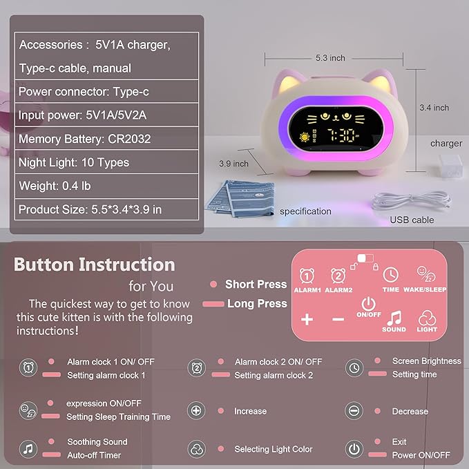 Alarm Clock for Kids, Kids Alarm Clocks for Girls with Sleep Training Dual Alarm Eye Protection Auto Off Timer 10 Color Night Light, Cat Ok to Wake Clock, Gifts for Kids Girls