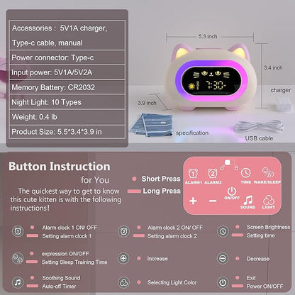Alarm Clock for Kids, Kids Alarm Clocks for Girls with Sleep Training Dual Alarm Eye Protection Auto Off Timer 10 Color Night Light, Cat Ok to Wake Clock, Gifts for Kids Girls