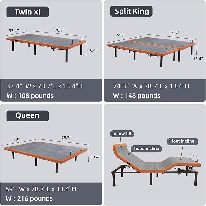 ESHINE Adjustable Bed Frame - Twin XL Bed Base with Massage, Pillow-tilt, Ergonomic Incline, Zero Gravity, Dual USB Port, Under Bed Light, Wireless Remote, Smart APP Control, 5000 Series