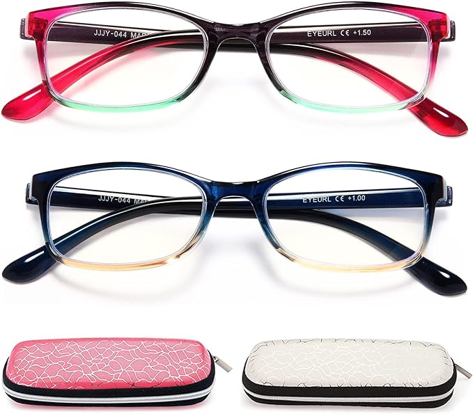 EYEURL 2-Pack Reading Glasses Blue Light Blocking Readers for Women-TR90 Lightweight Computer Reading Glasses Stylish Rectangular Frames Eyeglasses,0.0