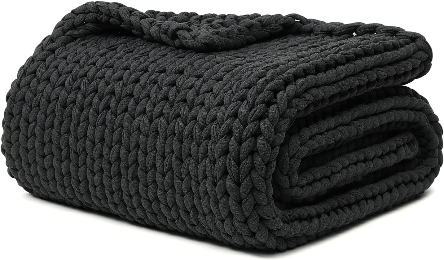 YnM 100% Cotton Weighted Blanket, Handmade Chunky Knitted Throw, No fillers Design, Soft and Breathable, Machine Washable Bed Blanket for Sleep or Home Decor (Dark Grey, 48x72 Inch, 20lbs)