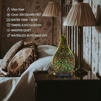 Essential Oil Diffuser 120ml Ultrasonic Aromatherapy Diffuser with Handmade Glass with Auto Shut-Off Protection 4 Timer Setting 7 Colors Changed LED Diffuser for Home Yoga Office Gifts for Women