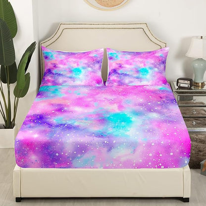 Manfei Galaxy Kids Sheet Set King Size, Pink Purple Blue Starry Bed Sheet Set 4pcs (Fitted Sheet, Flat Sheet, 2 Pillowcases), Outer Space Theme Bedding Set for Boys Girls Teens Bedroom Decor