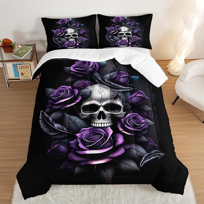 Death Skull Heads Full Size Comforter Sets,Horror Themed Gothic Bedding for Kids Teens Boys Room Decor,Mysterious Floral Spider Western Comforter Sets with 2 Pillowcases.