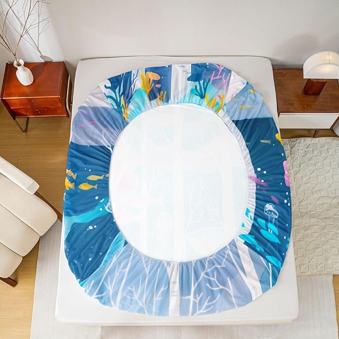 Ocean Kids Full Size Fitted Sheet,Seaweed Underwater World Boys Girls Bed Sheets,Sealife Shark Nautical Room Decor,Blue Bedding Set,2 Pillowcases(No Flat)