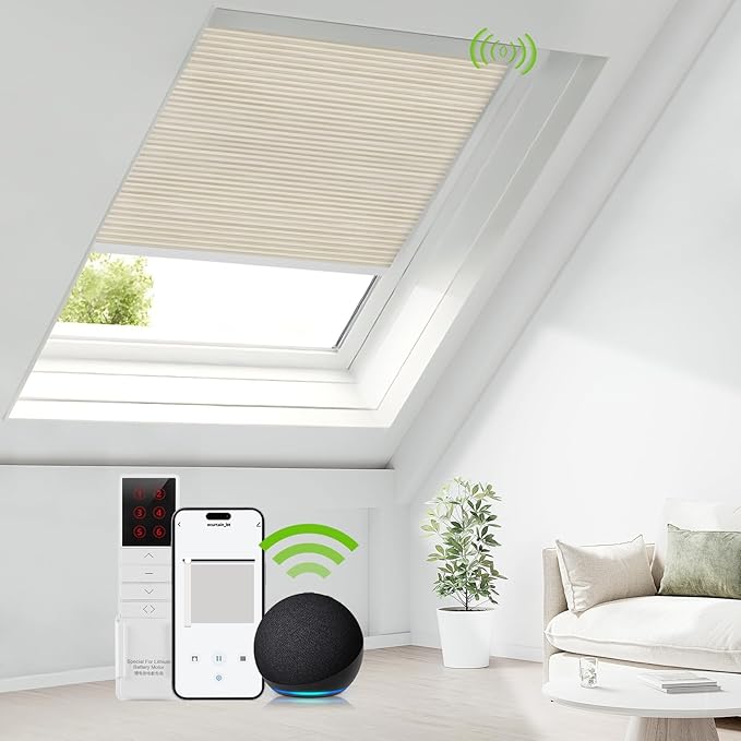 ZSTARR Motorized Skylight Shades Blackout Cellular Honeycomb Electric Blinds with Solar Panel Cordless Rechargeable with Remote for Roof and Slanted Windows Custom Size (LF Printed Wheat)