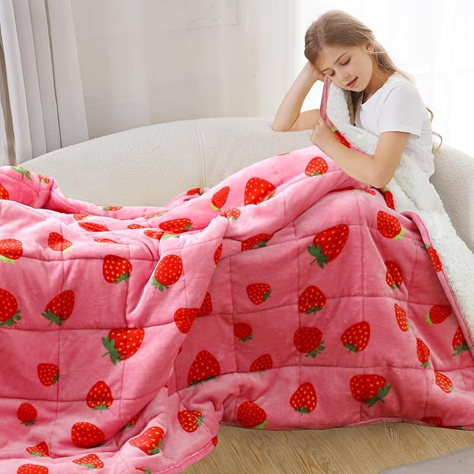 Aemicion Kids Weighted Blanket 7 pounds Twin Size 41"x 60",Soft Sherpa Fleece Heavy Blanket for Sleeping Perfect for 60-90lbs, Cute Strawberry Pink Weighted Throw Blanket as Gifts for Daughter Girls