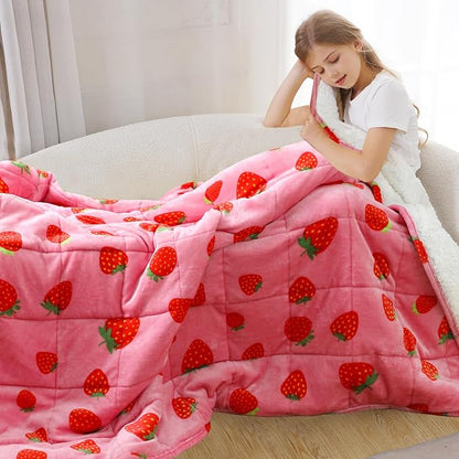 Aemicion Strawberry Pink Weighted Blanket for Kids Gilrs,Cozy Sherpa Fleece Heavy Blanket 10lbs,48"x72" Twin Size Weighted Throw Blanket, Machine Washable