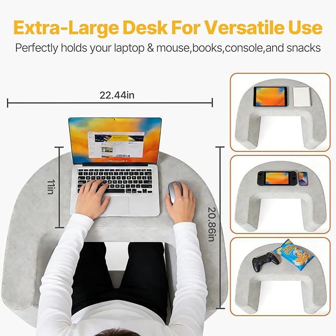 Sweetcrispy Reading Pillow for Gaming, Extra Large Laptop Pillow for Adult, Memory Foam Lap Desk Gaming Pillow for Reading, Working, Playing Games Grey