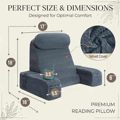 AS AWESLING Reading Pillow for Adults, Back Pillow for Bed Sitting Up, Backrest Pillow for Sitting in Bed, Detachable Arms with Built-in Cup & Phone Caddy (Dark Gray-Corduroy, 19 INCH)