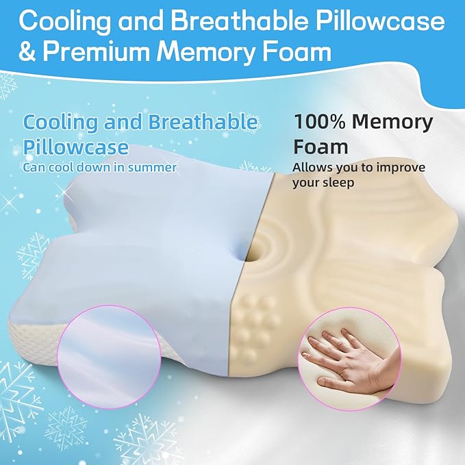 Cervical Neck Pillow for Pain Relief, Ergonomic Neck Support Pillow for Side Sleeper, Contour Memory Foam Pillows with Cooling Pillowcase Orthopedic Bed Pillow for Back Stomach Sleepers, Sky Blue
