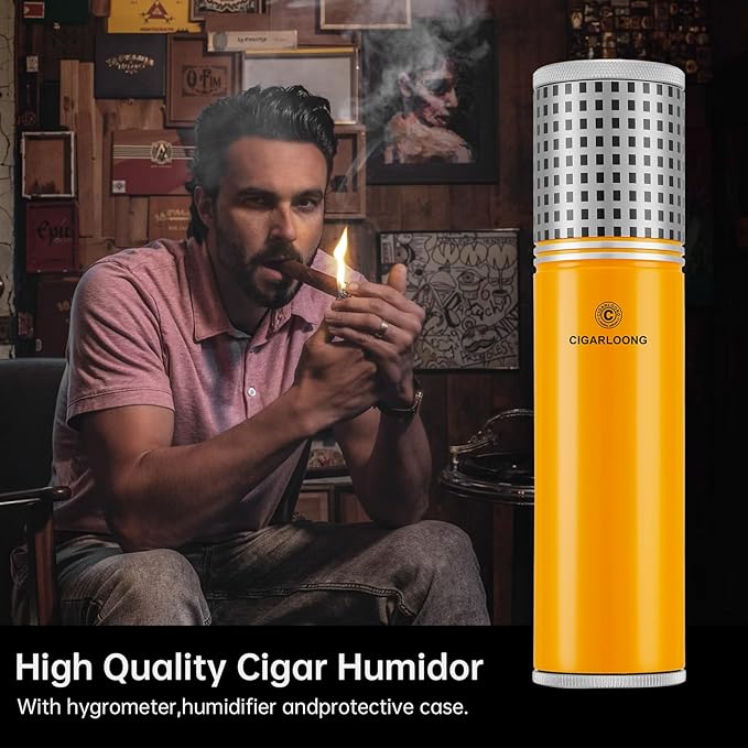 Travel Cigar Humidor Case/Box Stainless Steel Portable Cigar Tube Cigars Jar Humidifiers Air Tight Lid, Smell Proof with Cigar Hygrometer and Humidifier for 3 to 4 Cigars (Yellow)